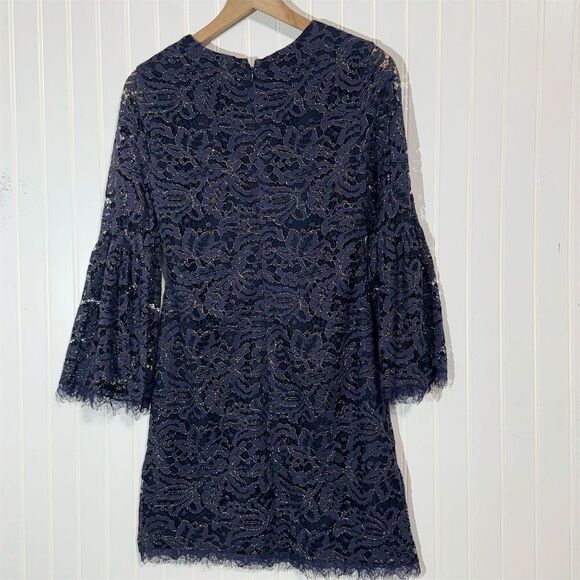 Dress the Population Navy Gold Metallic Lace Bell Sleeve Shift Dress S USA Party - Picture 3 of 9